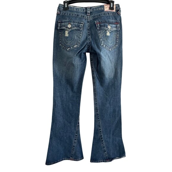 vintage True Religion Women’s Distressed Flare Jeans Size 28 Blue Denim Made In - Picture 2 of 11